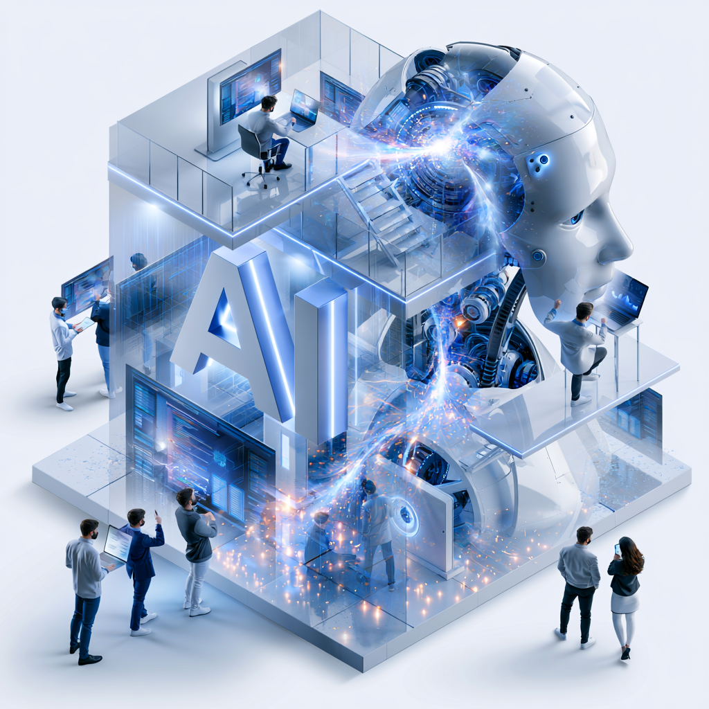Isometric cutaway of an AI build engine: engineers working across layered workspaces around a machine-learning core